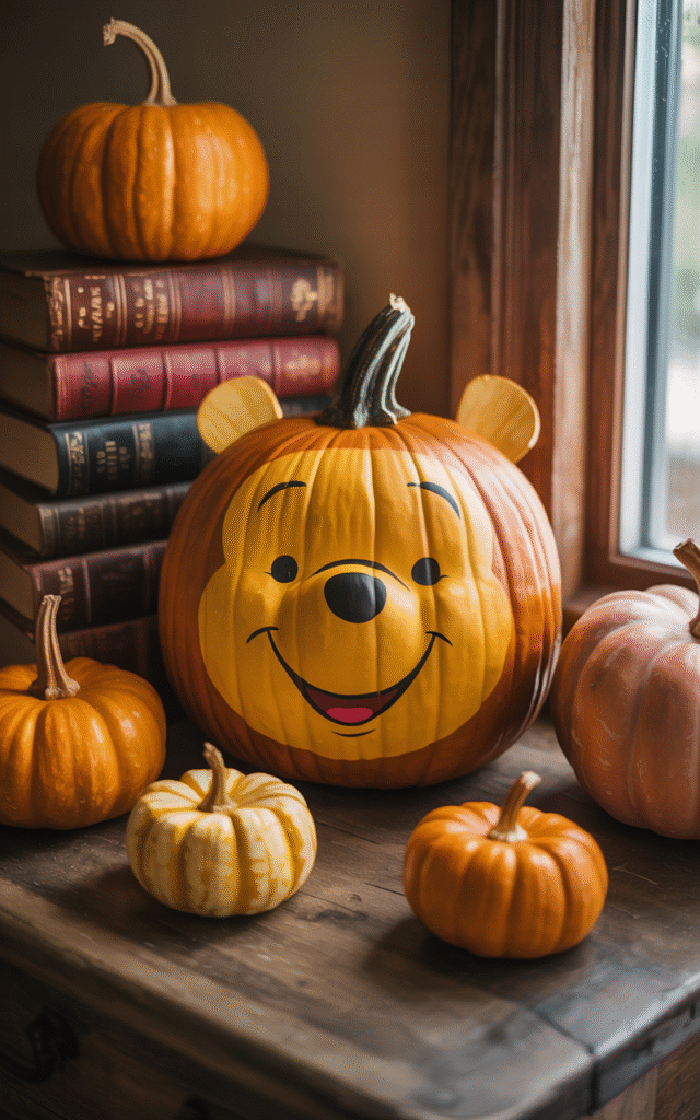 Kid friendly pumpkin carving ideas featuring storybook characters like Winnie the Pooh for a fun and creative Halloween activity.