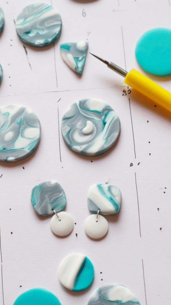 A close-up photograph of handmade polymer clay earrings arranged on a white calendar page with dotted grid lines. The pieces consist of circular and geometric shapes in shades of turquoise, white, and gray. Several round turquoise-colored discs are scattered across the image.