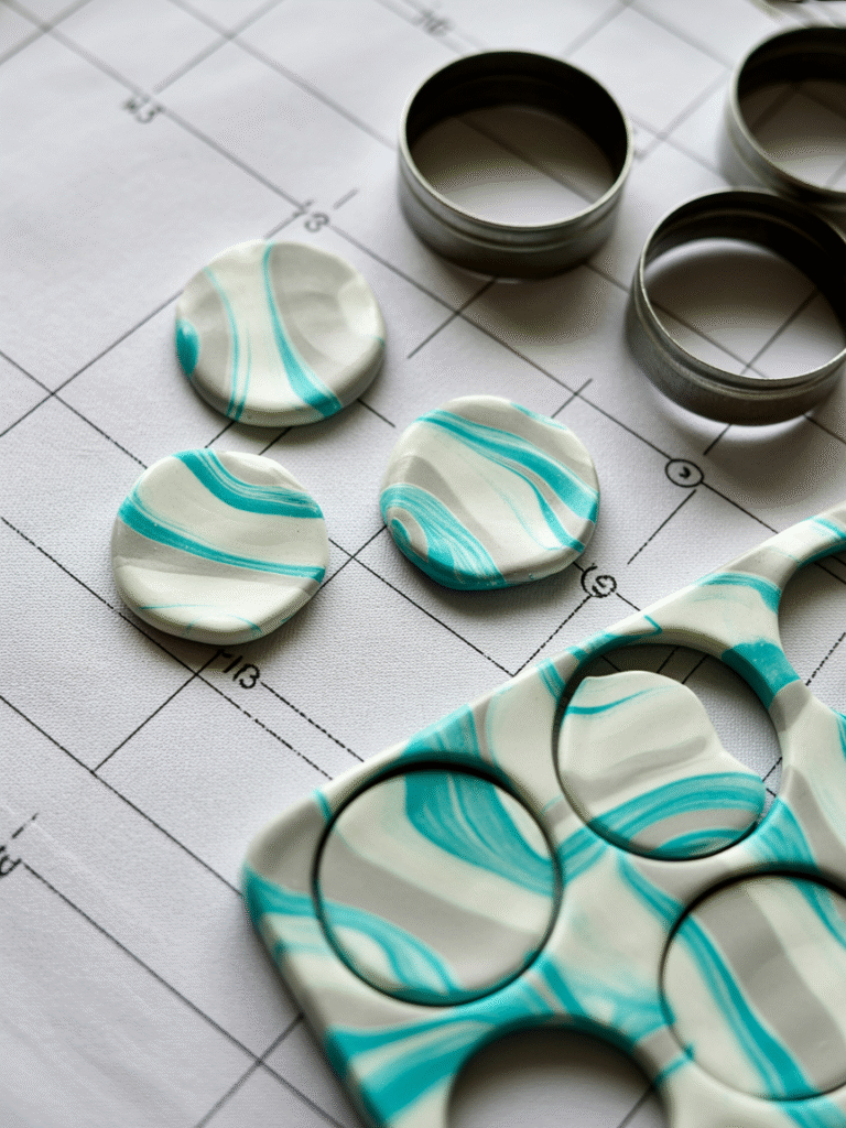 A close-up photograph of polymer clay earrings pieces on a white textured surface with numbered markings. The pieces feature a marbled pattern in white, turquoise, and light gray colors. 
